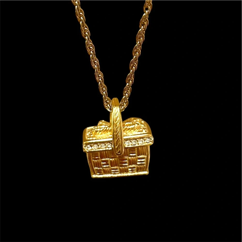 Vintage 1990s Swarovski Picnic Basket Pendant Necklace Gold-Tone & Crystal